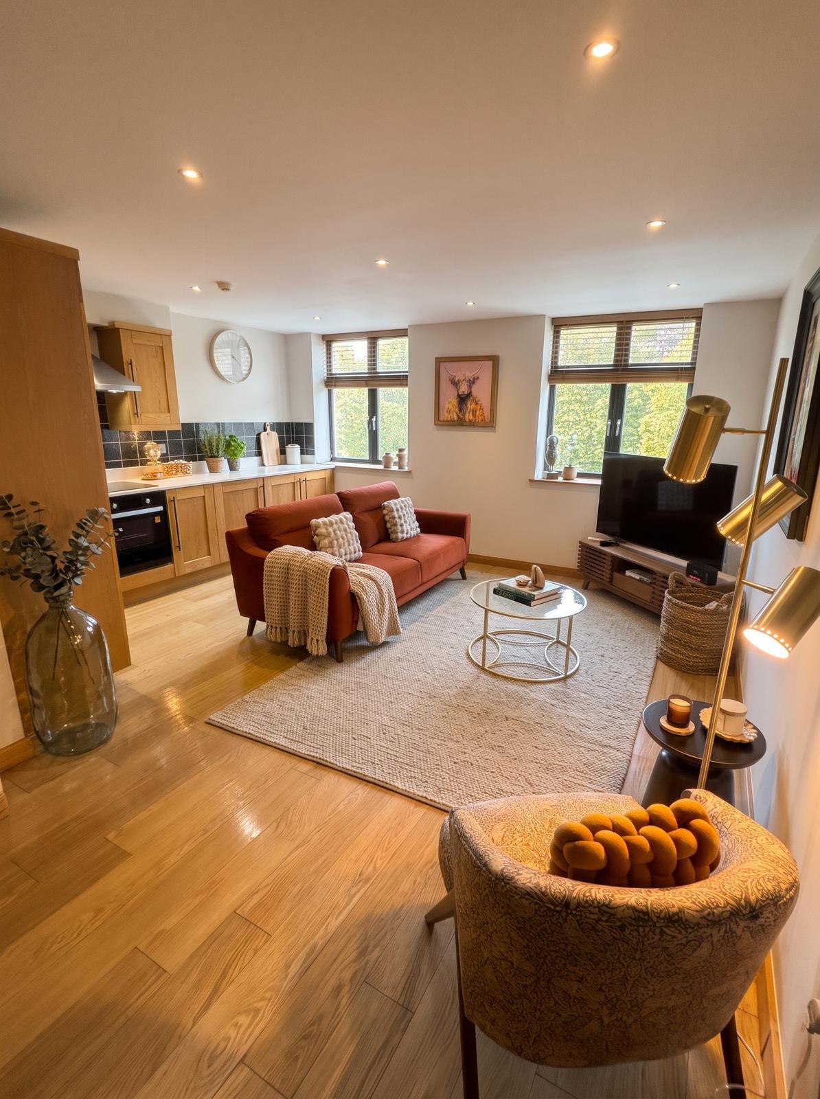 Open-plan living room and kitchen at Bradley House